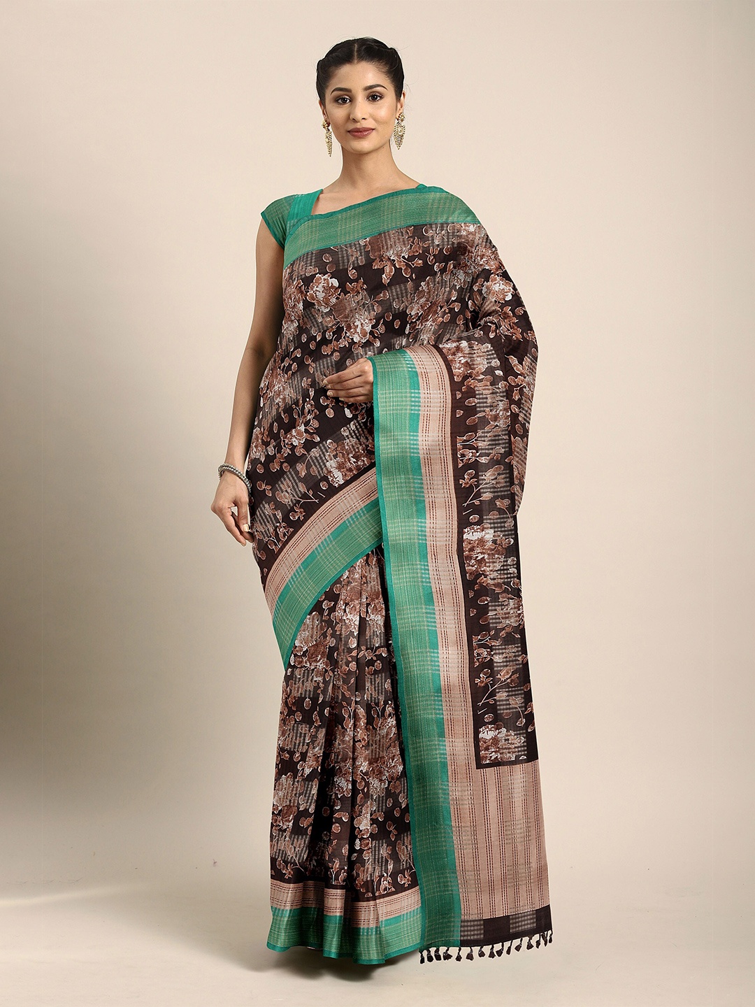 

The Chennai Silks Brown & Green Floral Bhagalpuri Saree