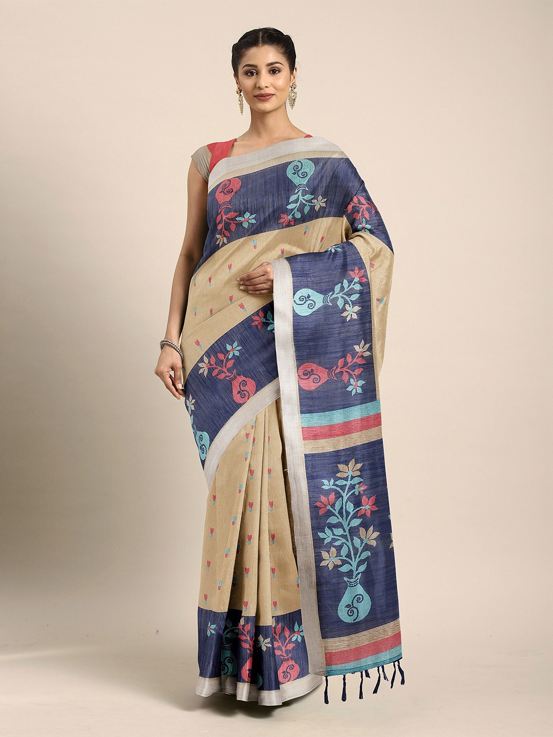 

The Chennai Silks Khaki & Silver-Toned Floral Zari Bhagalpuri Saree