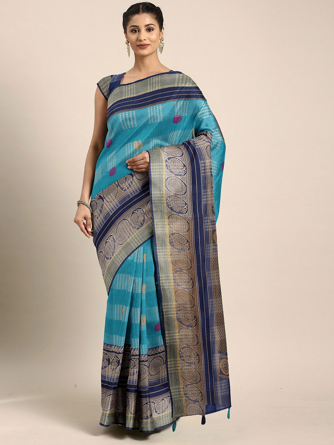 

The Chennai Silks Blue & Gold-Toned Ethnic Motifs Zari Bhagalpuri Saree