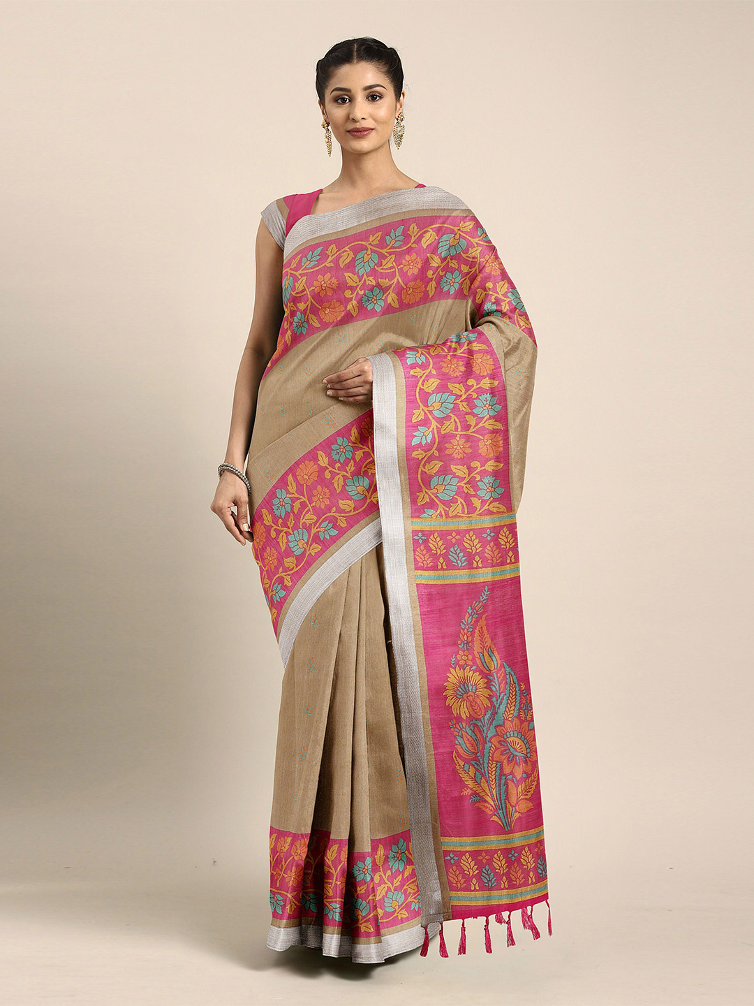 

The Chennai Silks Khaki & Pink Floral Zari Bhagalpuri Saree