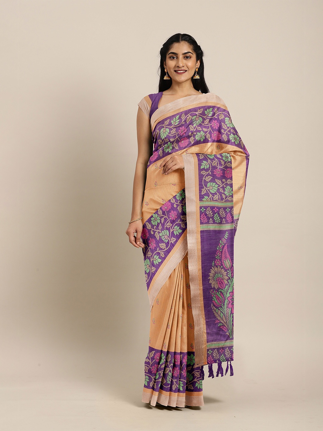 

The Chennai Silks Orange & Violet Floral Fusion Bhagalpuri Saree