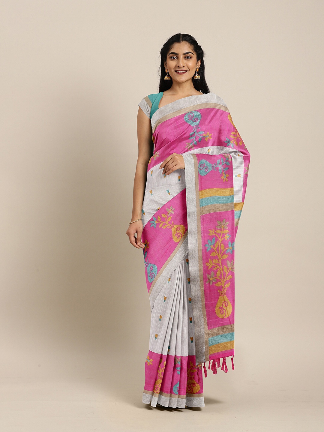 

The Chennai Silks Off-White & Pink Ethnic Motifs Bhagalpuri Saree
