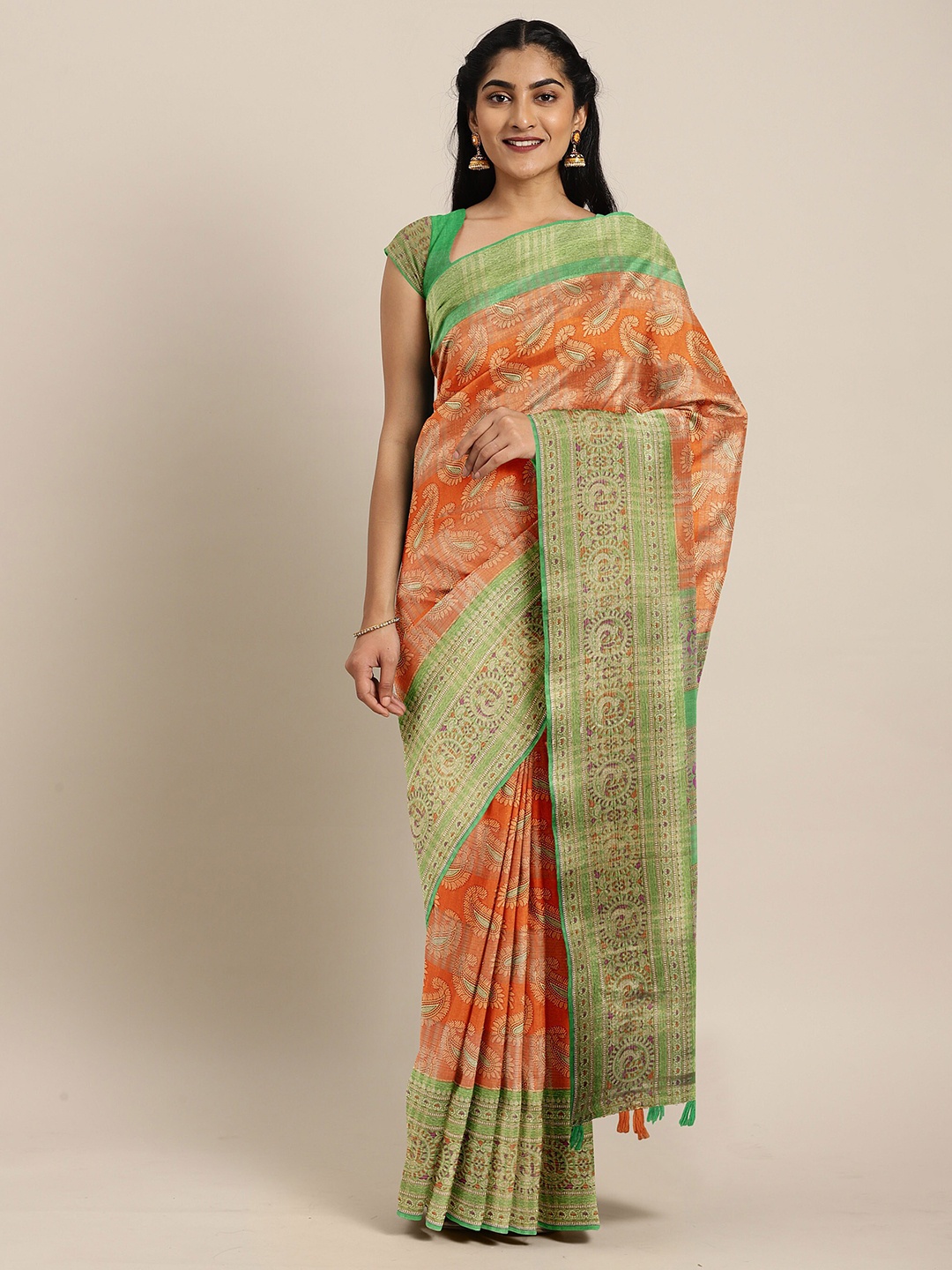 

The Chennai Silks Orange & Green Paisley Bhagalpuri Saree