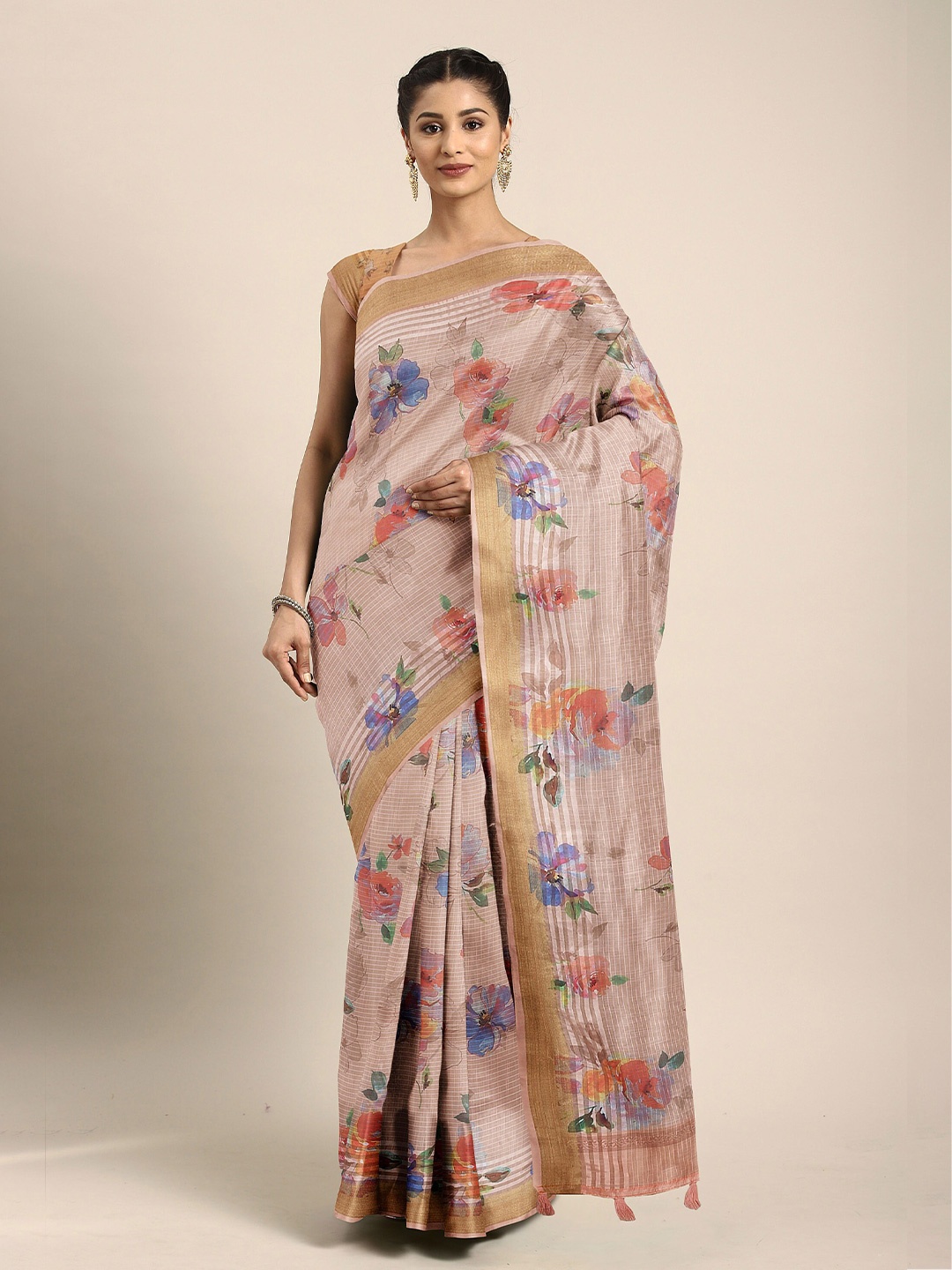 

The Chennai Silks Orange & Pink Floral Bhagalpuri Saree