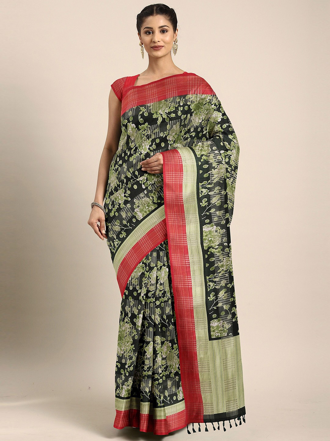 

The Chennai Silks Green & Black Floral Zari Bhagalpuri Saree