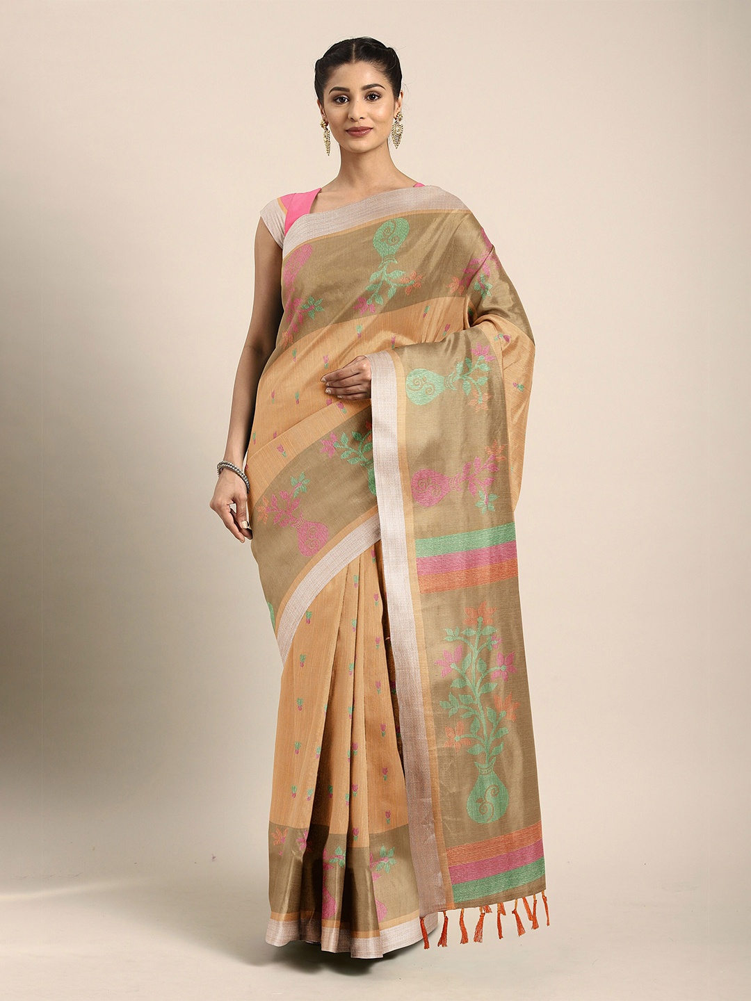 

The Chennai Silks Beige & Pink Floral Bhagalpuri Saree