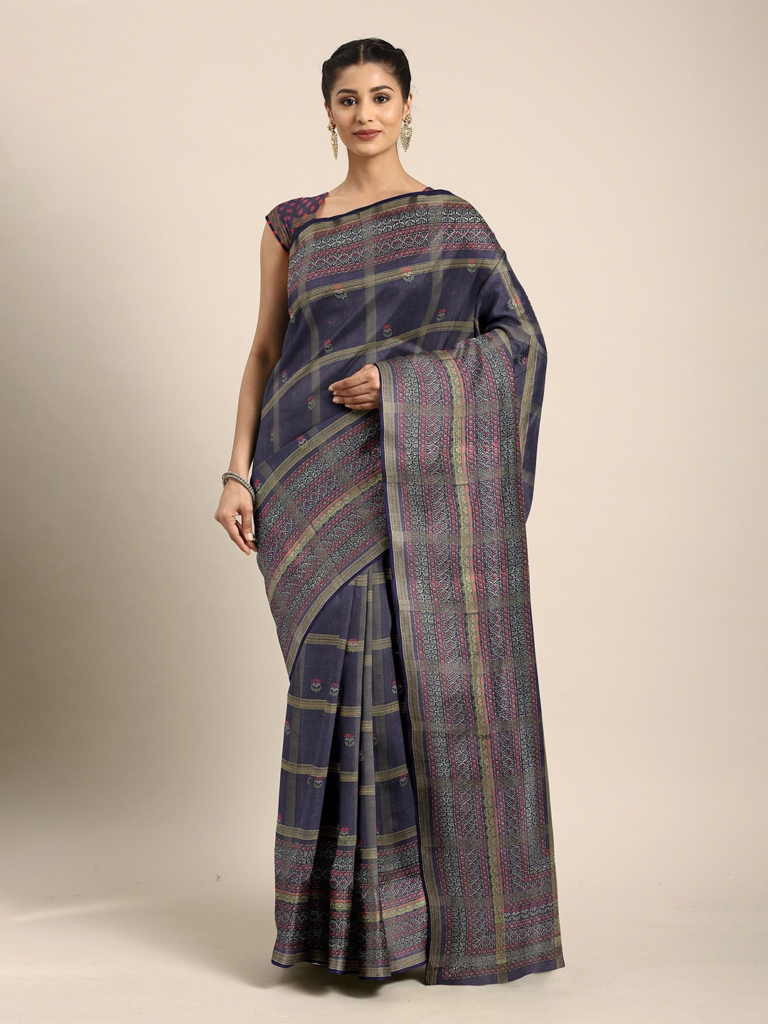 

The Chennai Silks Navy Blue & Pink Checked Zari Bhagalpuri Saree