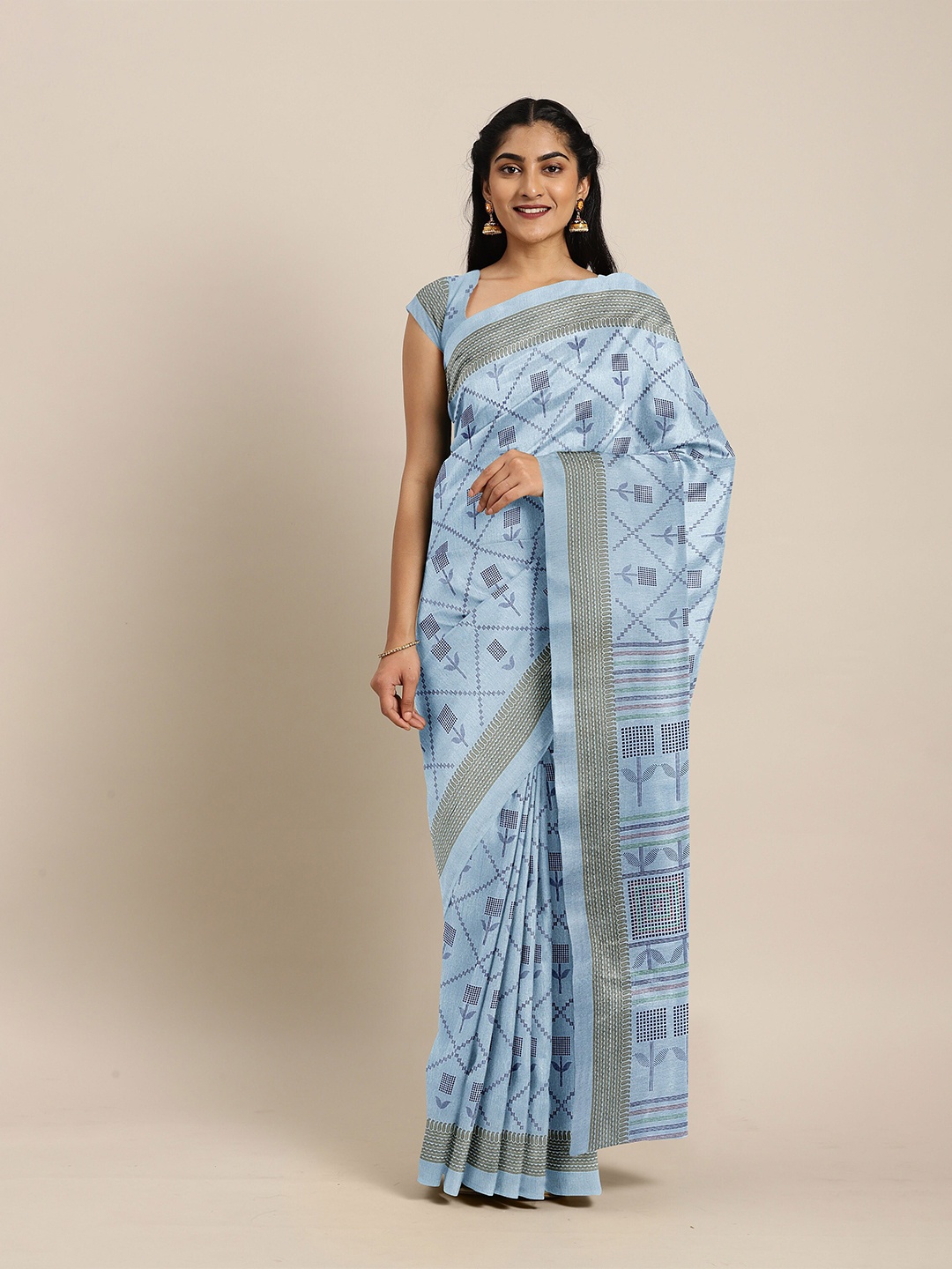 

The Chennai Silks Blue & Gold-Toned Floral Bhagalpuri Saree