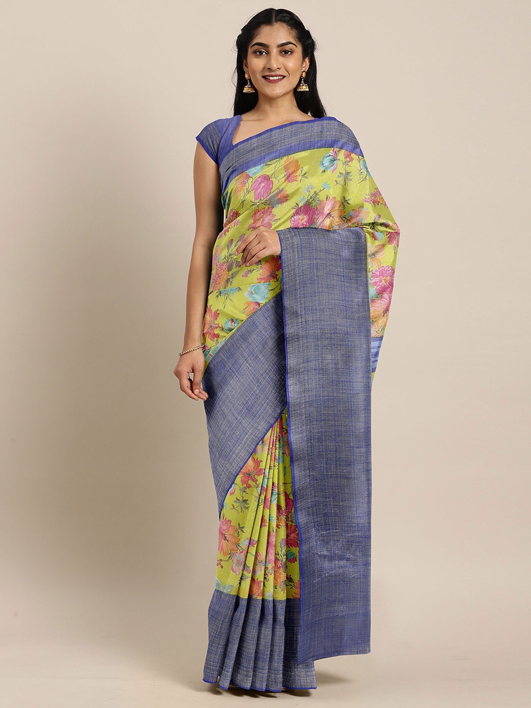 

The Chennai Silks Yellow & Gold-Toned Floral Zari Fusion Bhagalpuri Saree