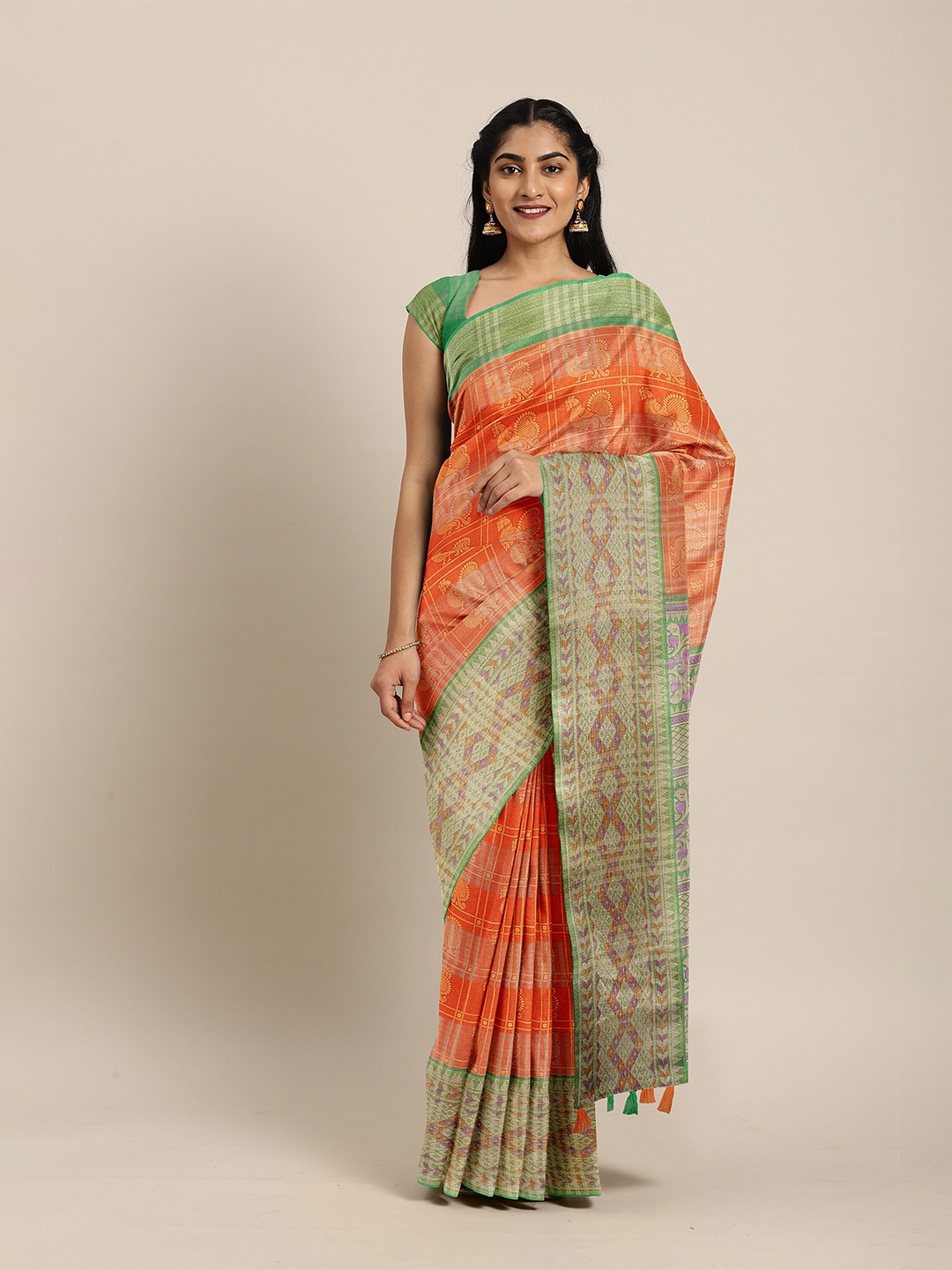 

The Chennai Silks Orange & Green Floral Bhagalpuri Saree