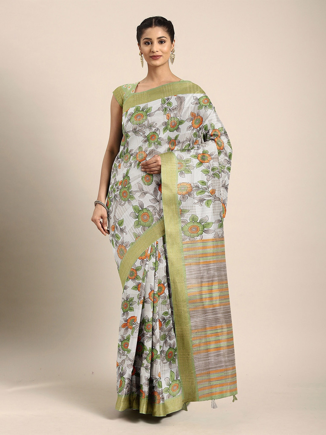 

The Chennai Silks Cream-Coloured & Green Floral Zari Bhagalpuri Saree