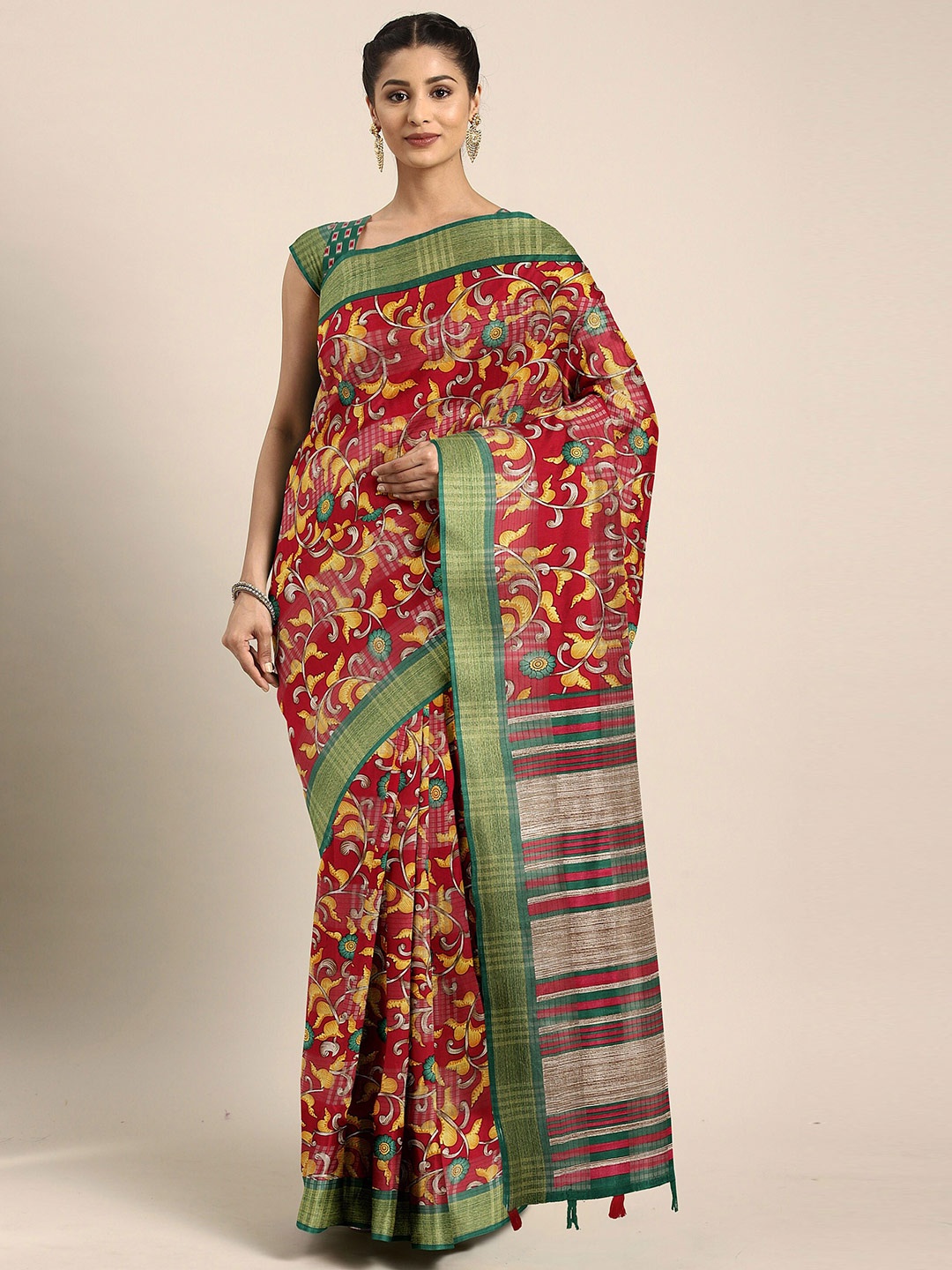 

The Chennai Silks Maroon & Green Floral Bhagalpuri Saree