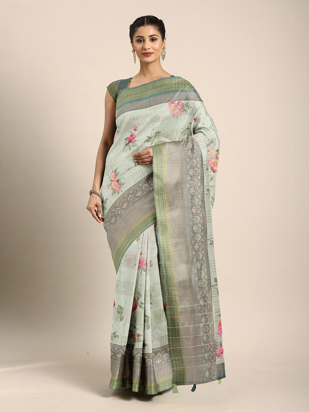 

The Chennai Silks Green & Silver-Toned Floral Zari Fusion Bhagalpuri Saree