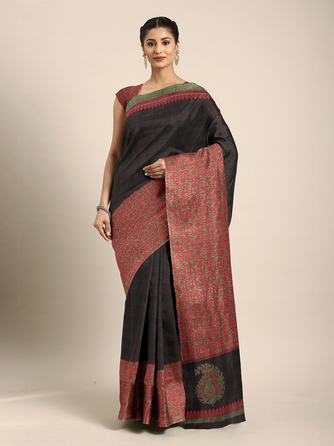 

The Chennai Silks Black & Pink Floral Bhagalpuri Saree