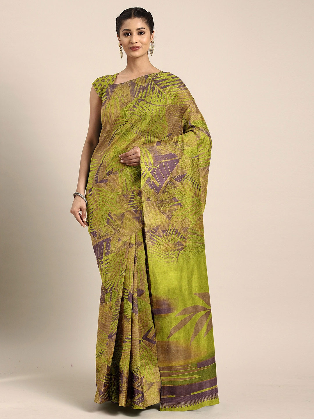 

The Chennai Silks Green & Brown Floral Bhagalpuri Saree