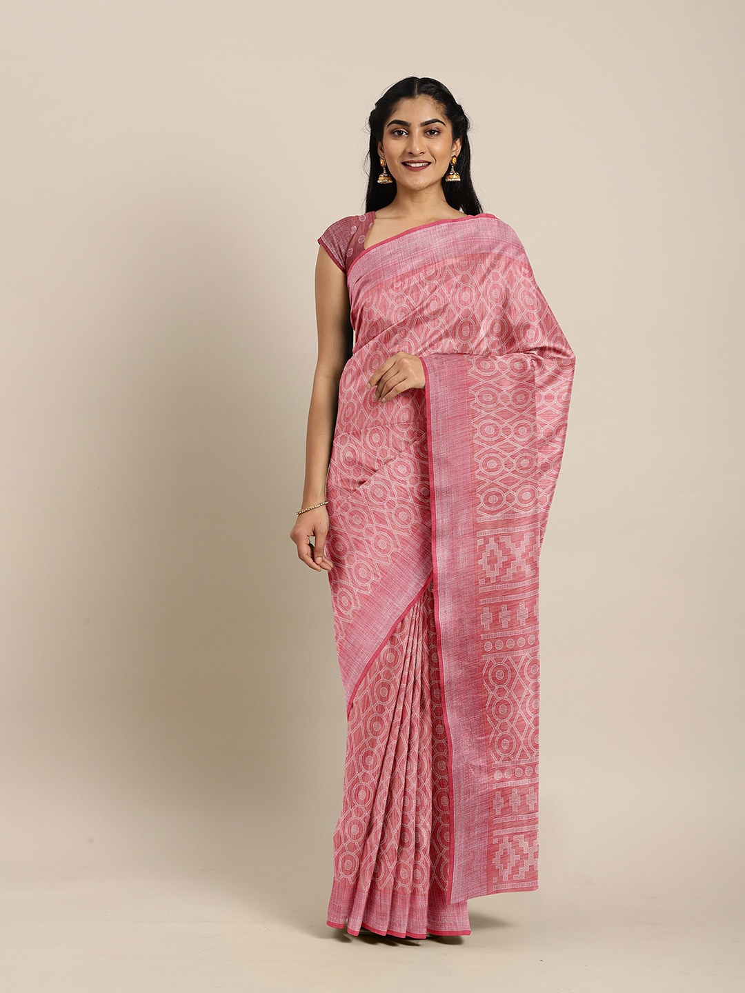

The Chennai Silks Maroon & White Geometric Printed Zari Bhagalpuri Saree
