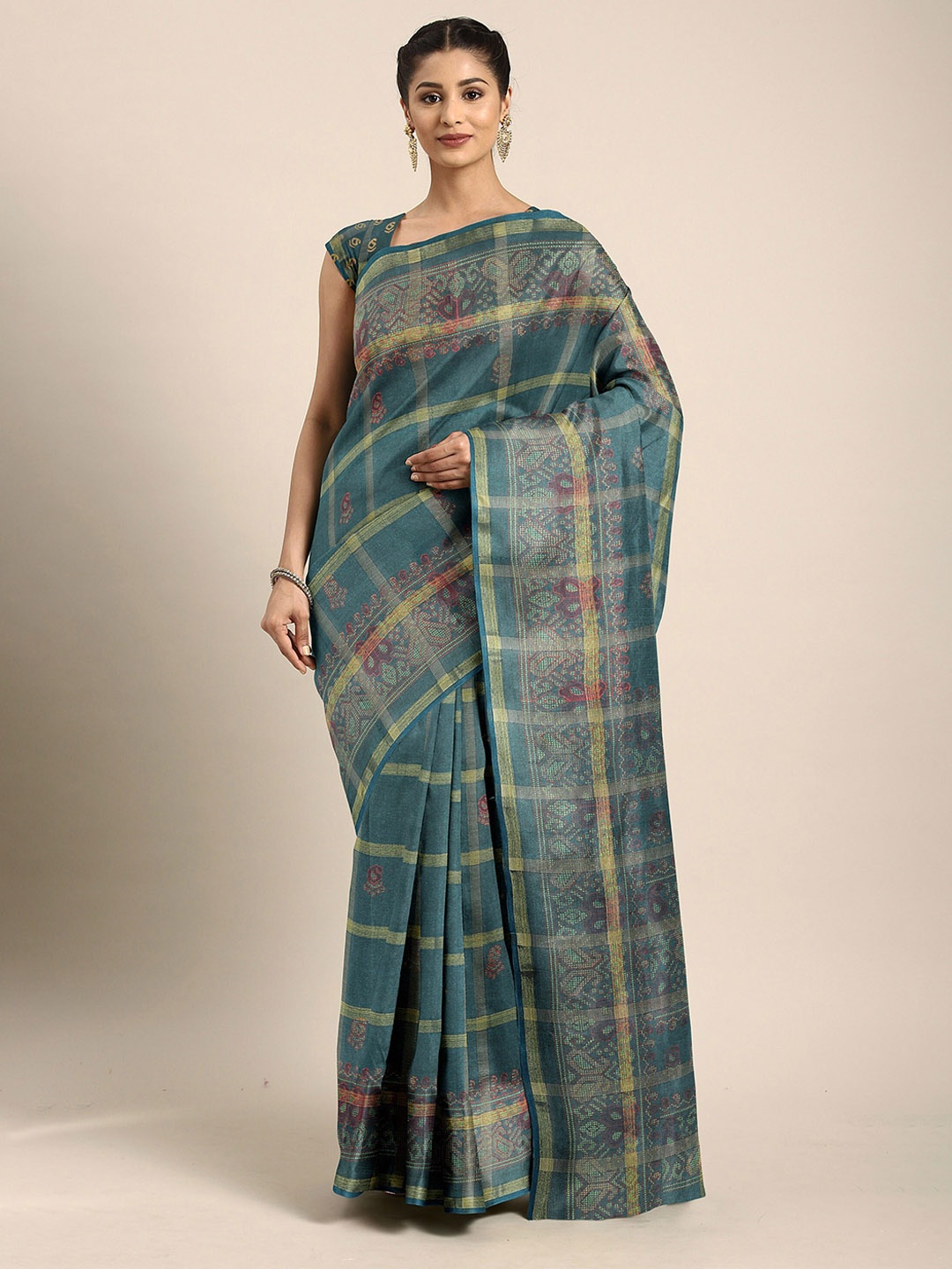 

The Chennai Silks Teal Blue & Gold-Toned Checked Bhagalpuri Saree