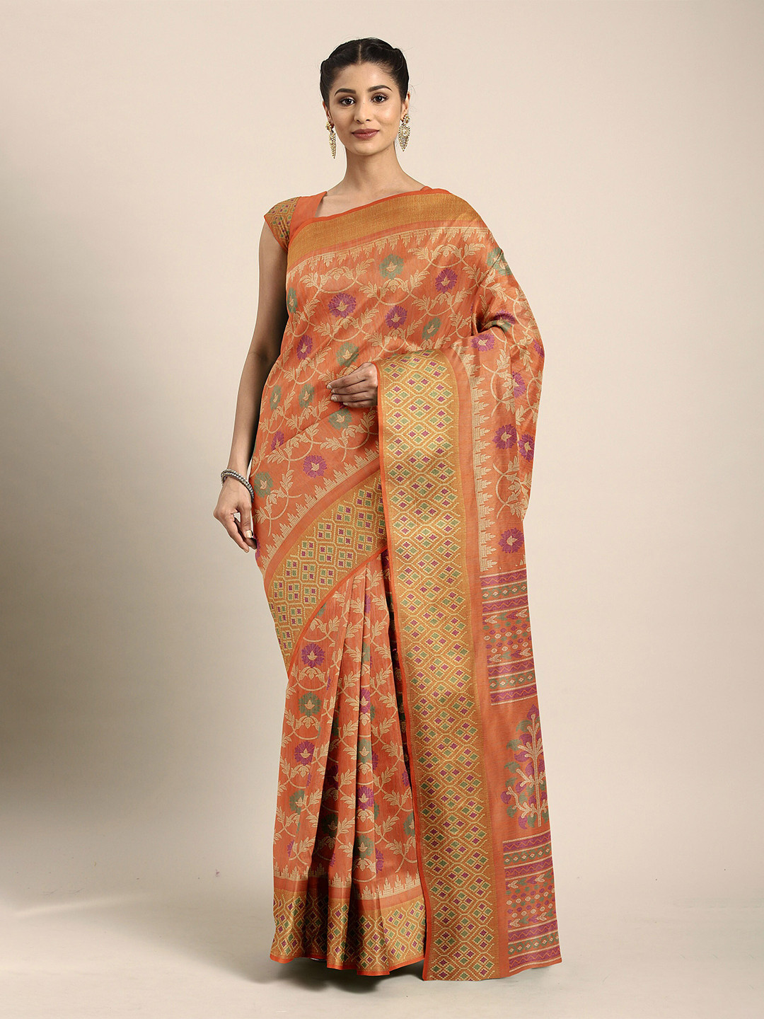 

The Chennai Silks Orange & Purple Floral Bhagalpuri Saree