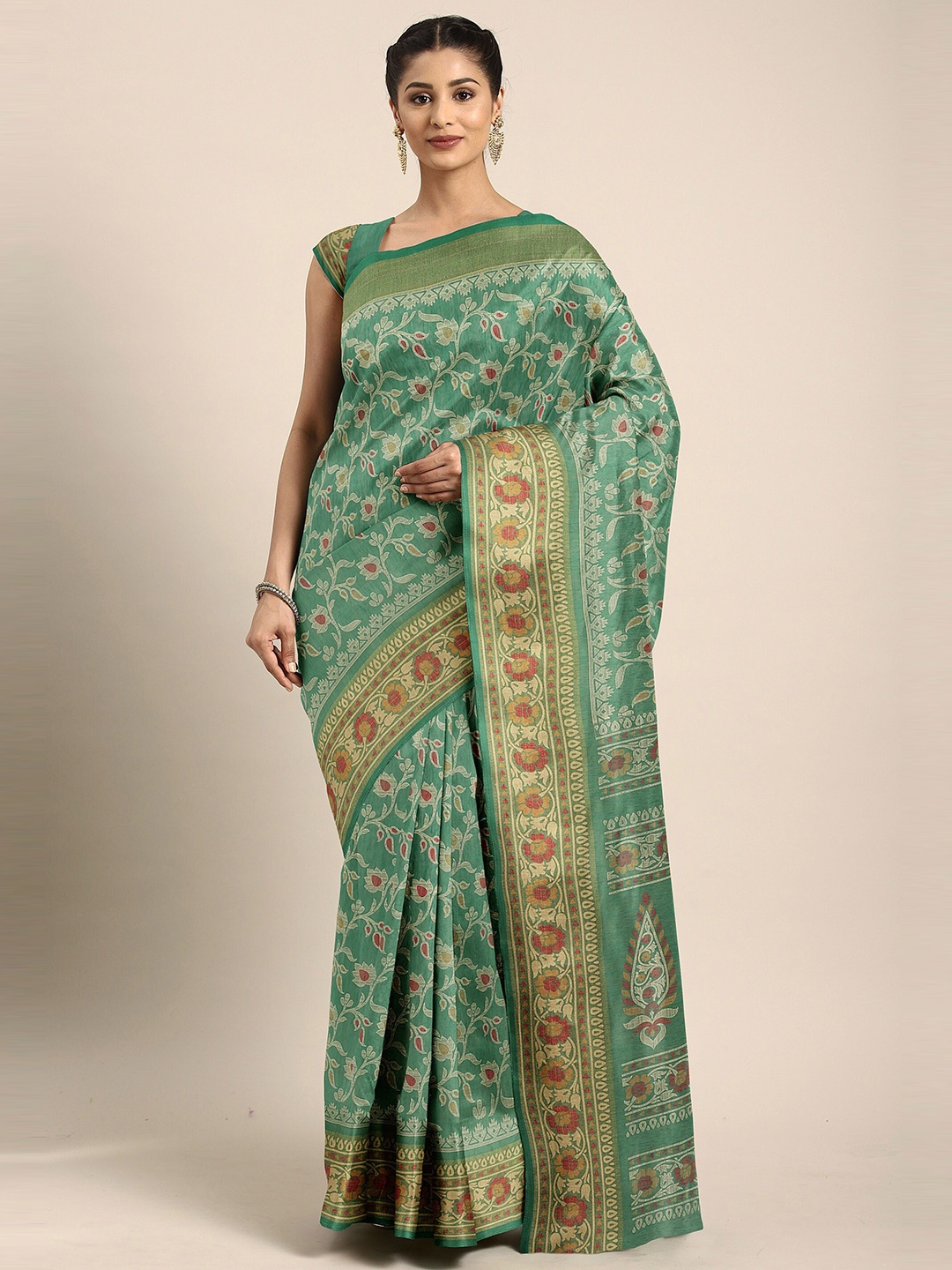 

The Chennai Silks Green & Red Floral Bhagalpuri Saree
