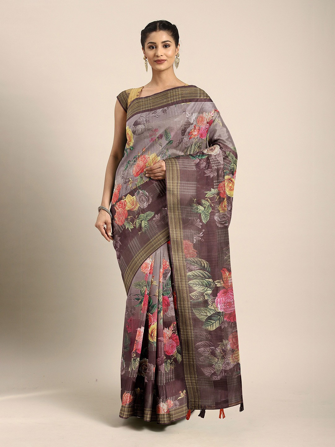 

The Chennai Silks Coffee Brown & Pink Floral Zari Bhagalpuri Saree