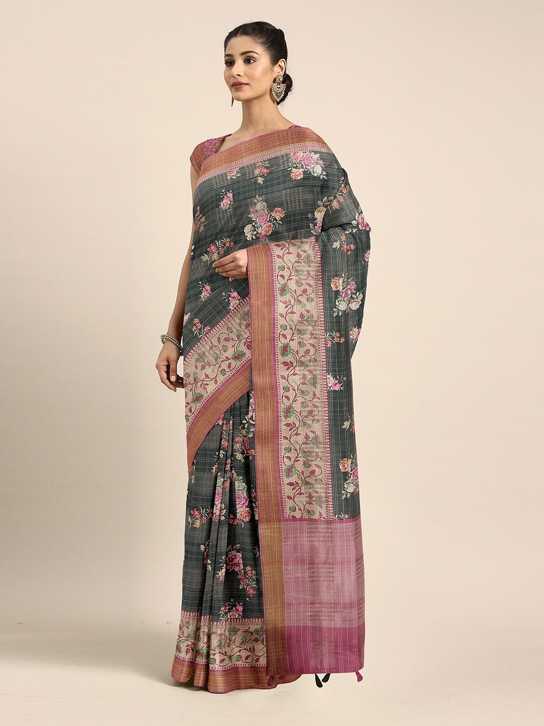 

The Chennai Silks Green & Pink Floral Bhagalpuri Saree