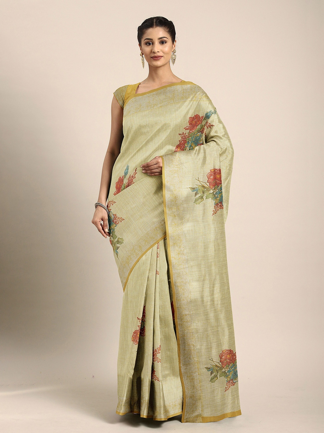 

The Chennai Silks Yellow & Red Floral Zari Bhagalpuri Saree