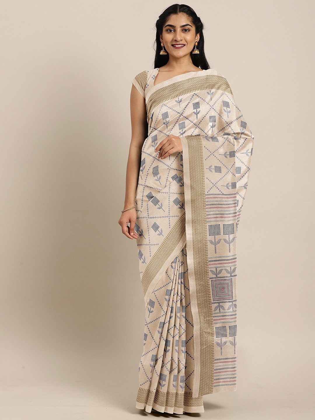 

The Chennai Silks Peach-Coloured & Grey Floral Zari Bhagalpuri Saree