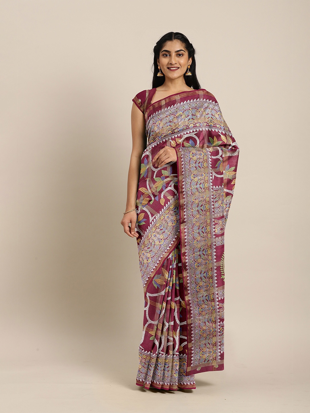 

The Chennai Silks Maroon & Silver Ethnic Motifs Zari Bhagalpuri Saree