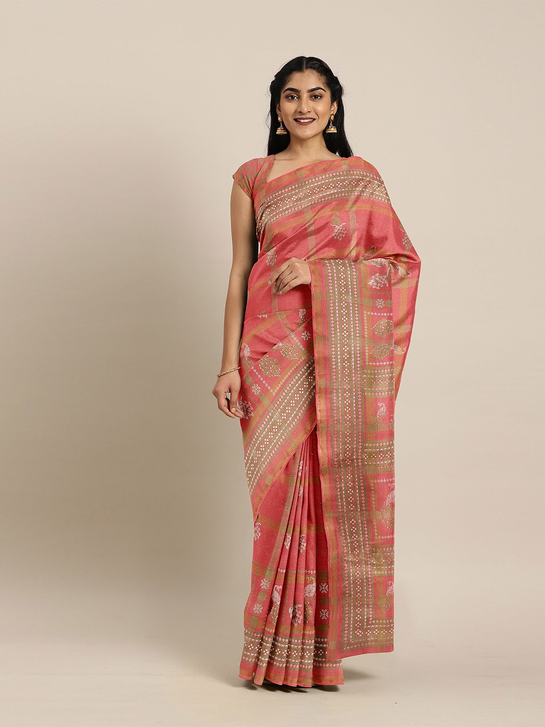 

The Chennai Silks Orange & Green Ethnic Motifs Zari Fusion Bhagalpuri Saree