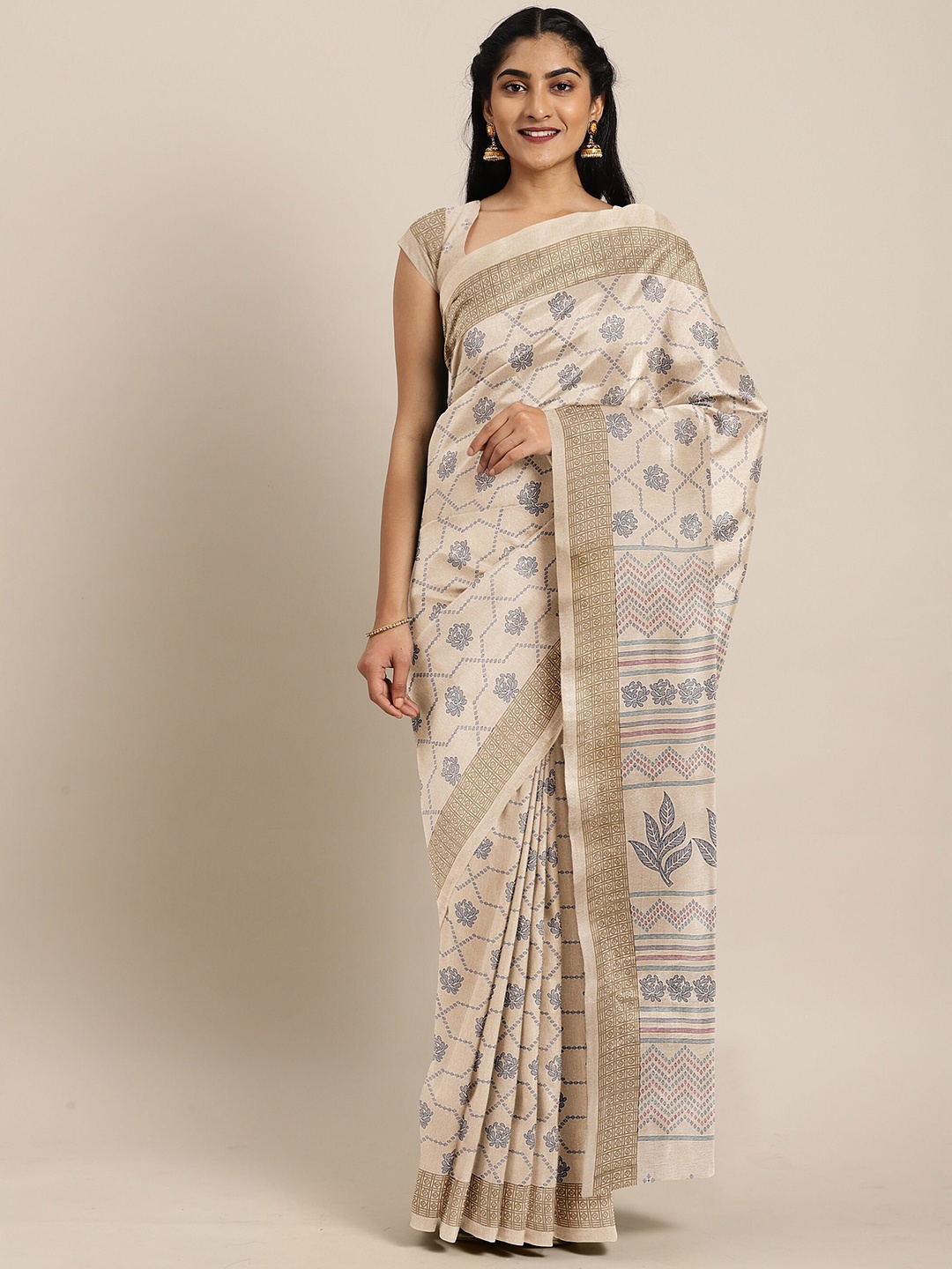 

The Chennai Silks Peach-Coloured & Grey Ethnic Motifs Zari Bhagalpuri Saree