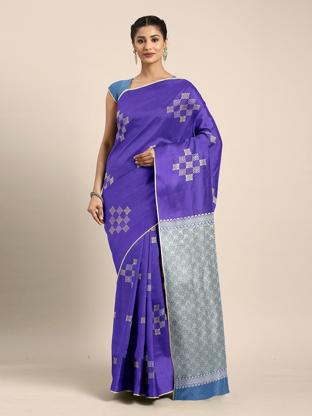 

The Chennai Silks Violet & Silver Ethnic Motifs Zari Art Silk Saree