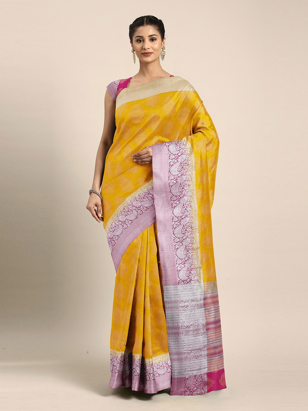 

The Chennai Silks Yellow & Silver-Toned Woven Design Jute Cotton Saree