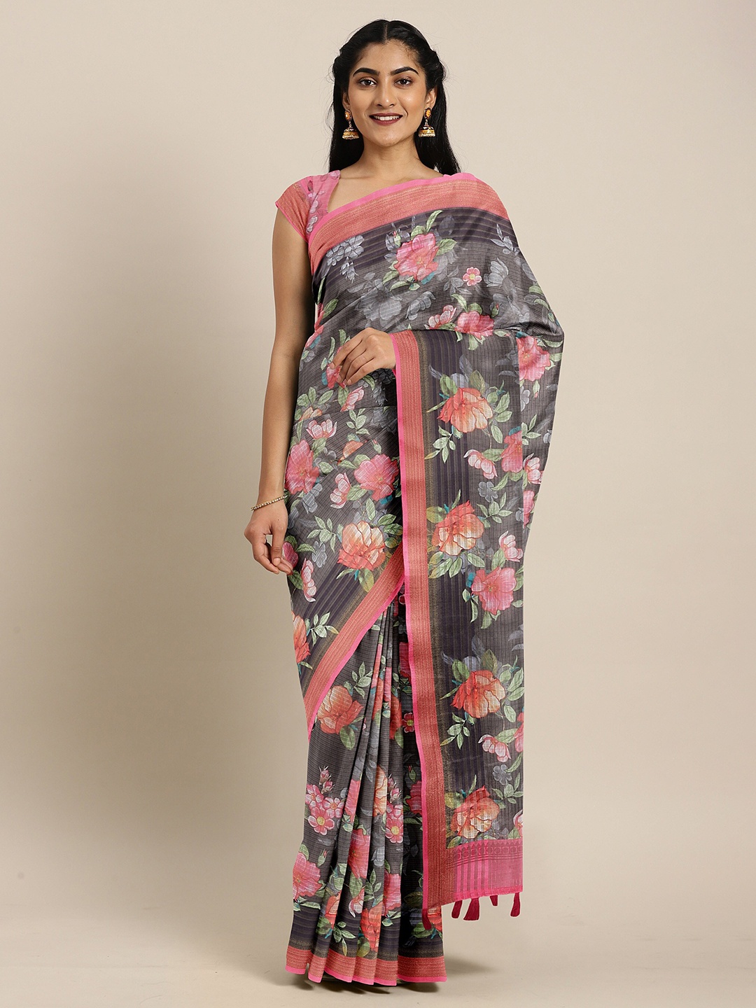 

The Chennai Silks Black & Pink Floral Zari Bhagalpuri Saree