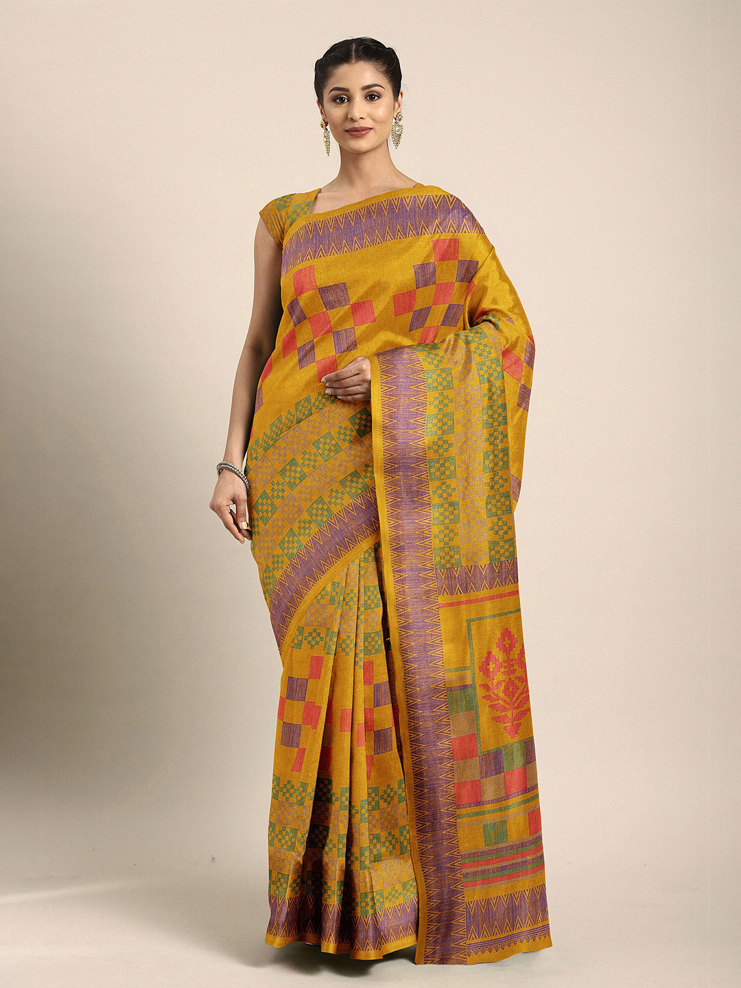 

The Chennai Silks Women Mustard Geometric Printed Saree