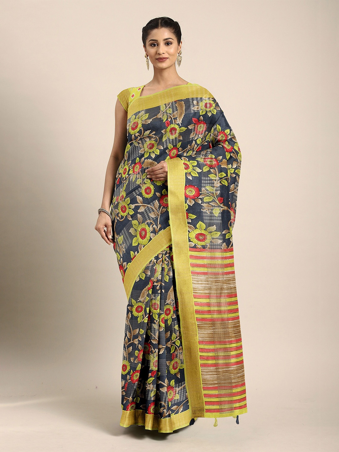 

The Chennai Silks Grey & Gold-Toned Floral Zari Bhagalpuri Saree