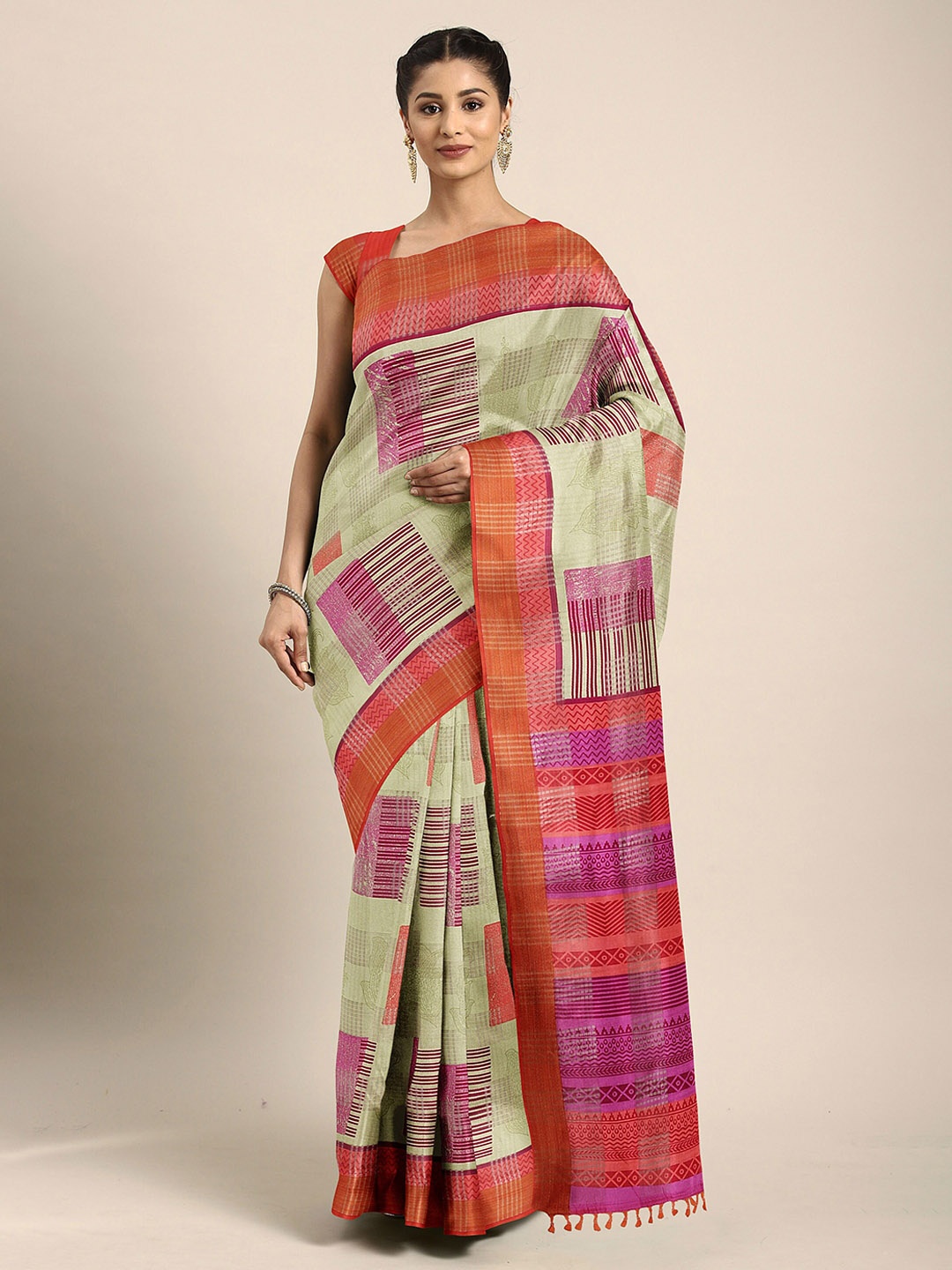 

The Chennai Silks Green & Magenta Geometric Printed Zari Bhagalpuri Saree