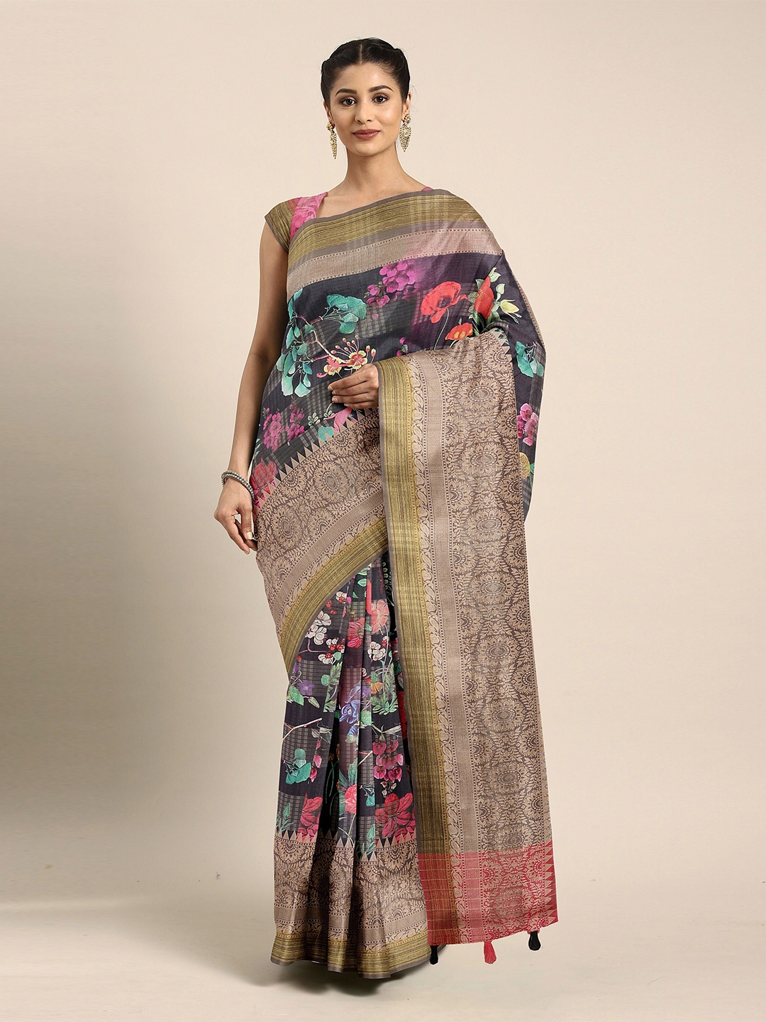 

The Chennai Silks Grey & Pink Floral Zari Bhagalpuri Saree