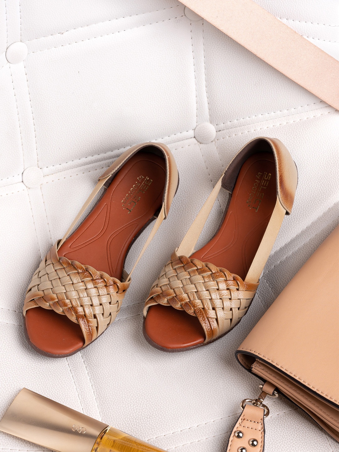 

FOOTONS Women Cream-Coloured Woven Design Leather Ballerinas