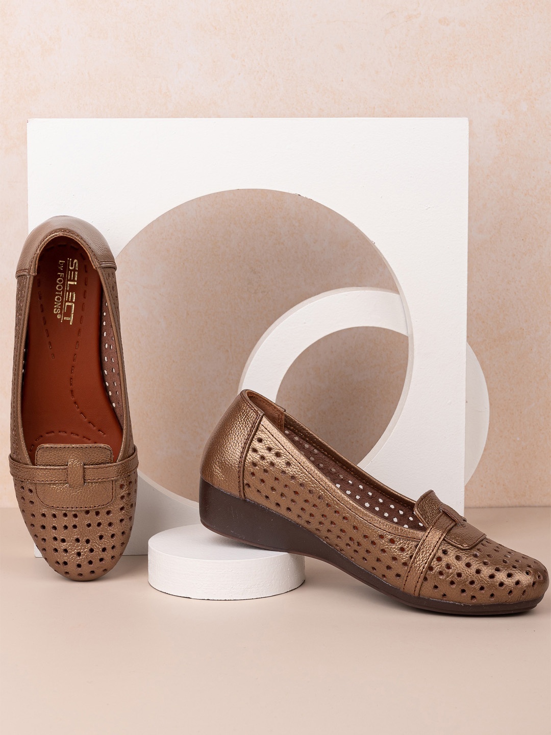 

FOOTONS Women Copper-Toned Perforations Leather Loafers