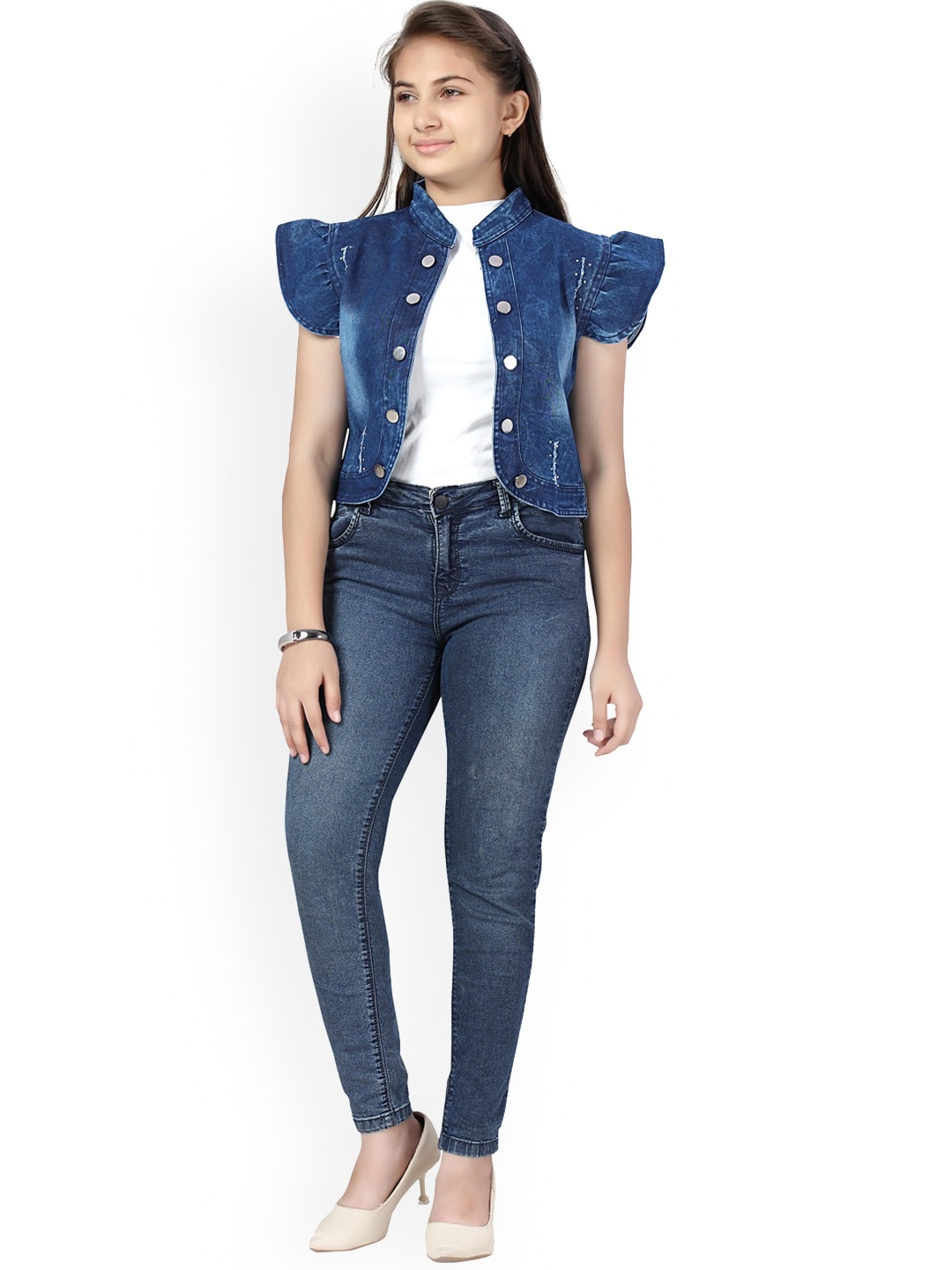

Aarika Girls Blue Crop Cotton Denim Jacket