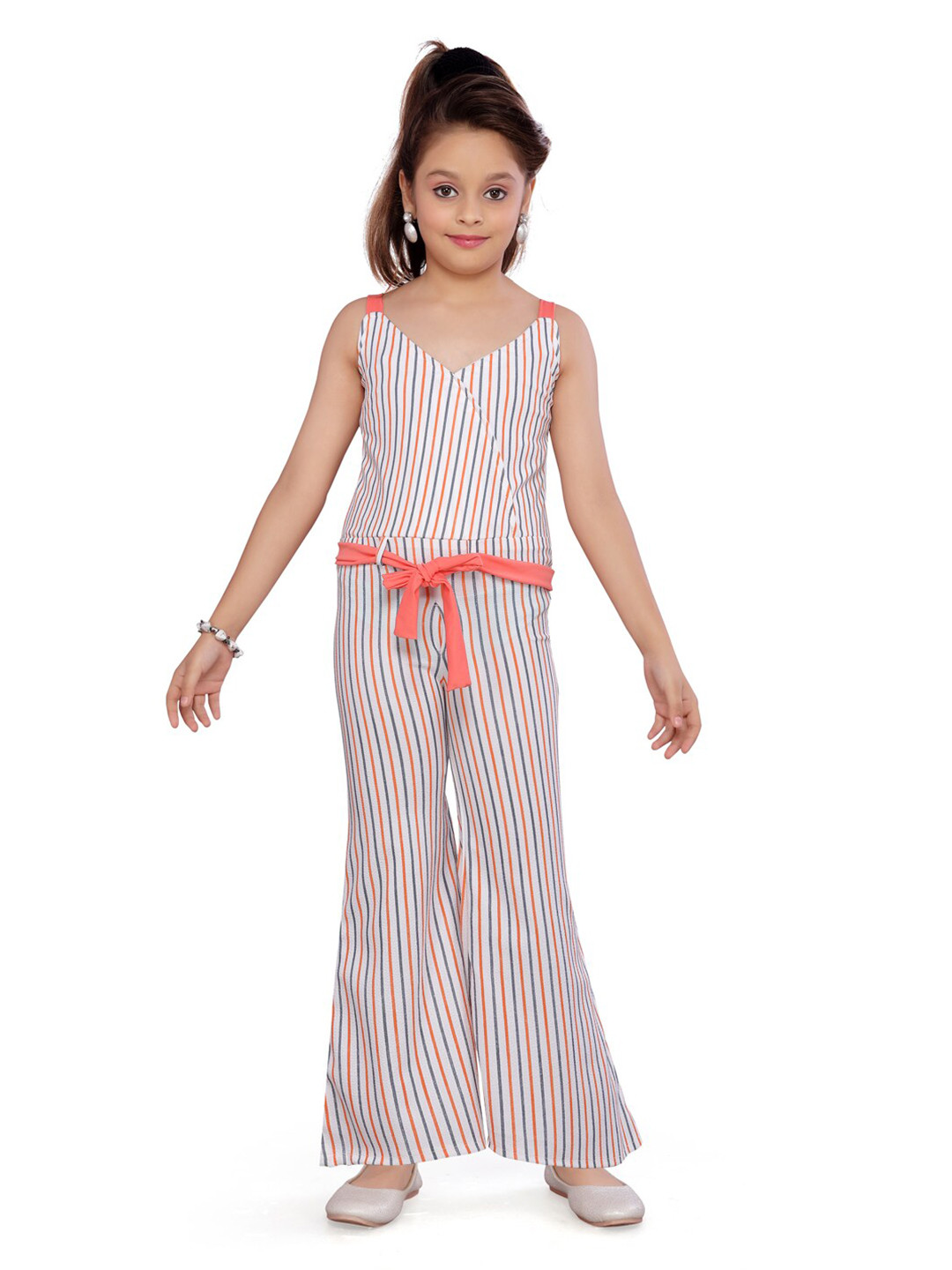 

Aarika Girls Peach-Coloured & White Striped Cotton Basic Jumpsuit