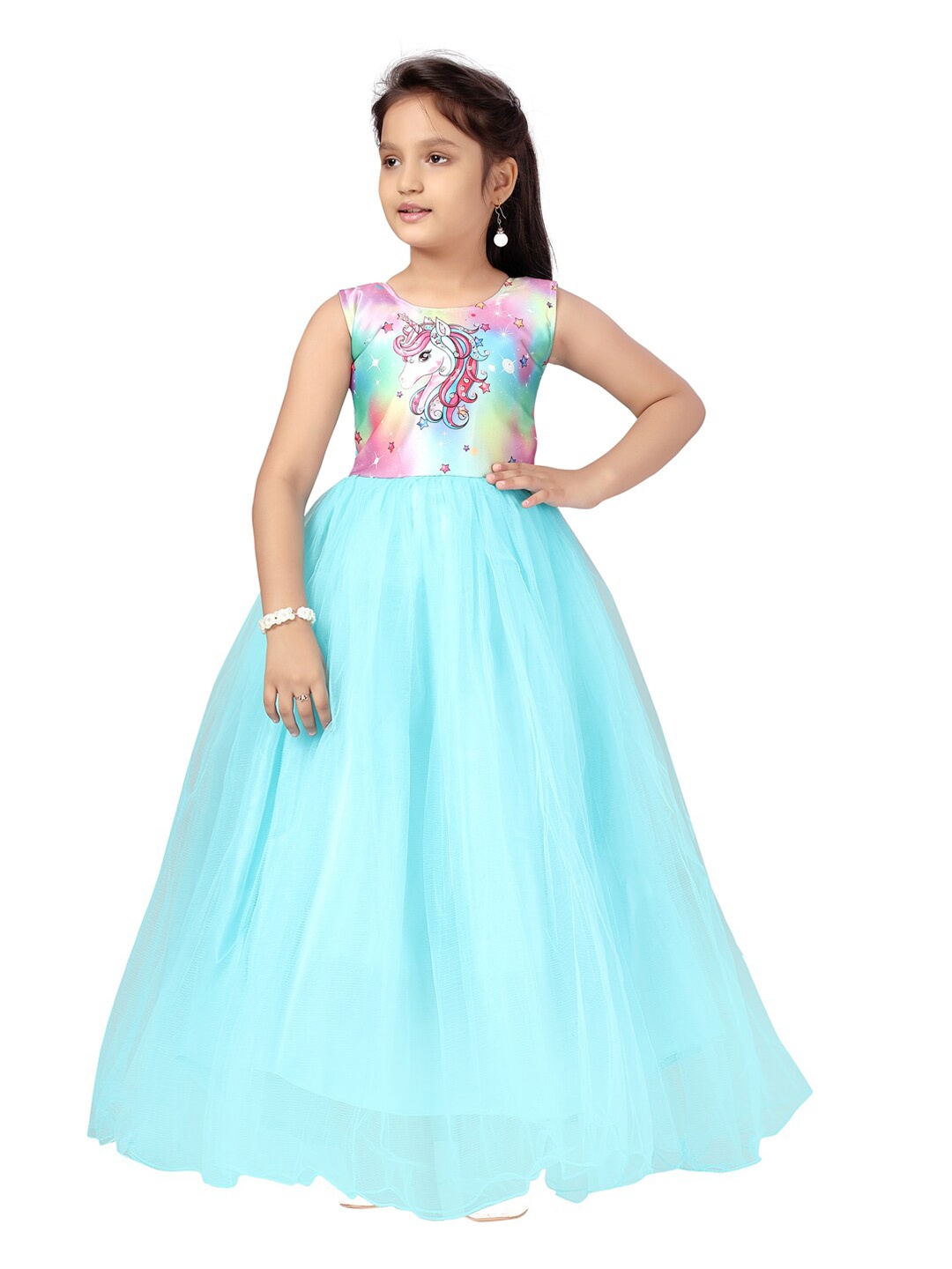 

Aarika Girls Turquoise Blue & Pink Unicorn Printed Net Gown Dress