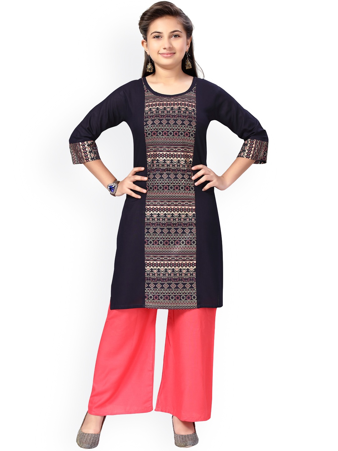 

Aarika Girls Navy Blue Printed Pure Cotton Kurta with Palazzos