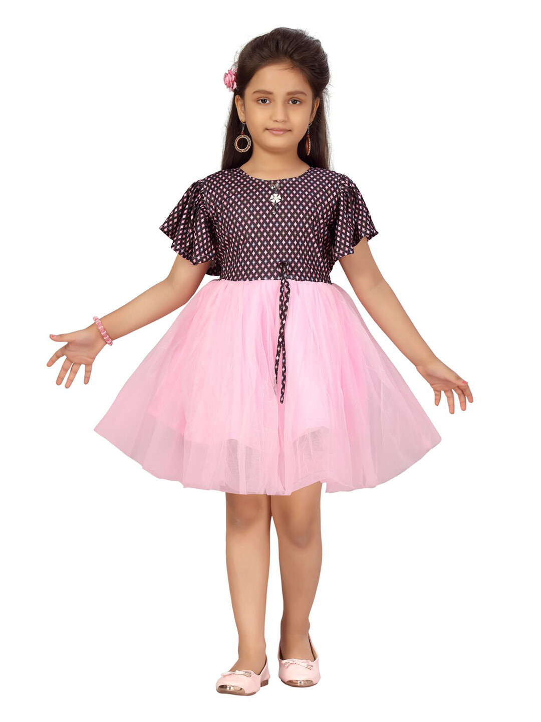 

Aarika Pink Printed Net Fit & Flare Dress