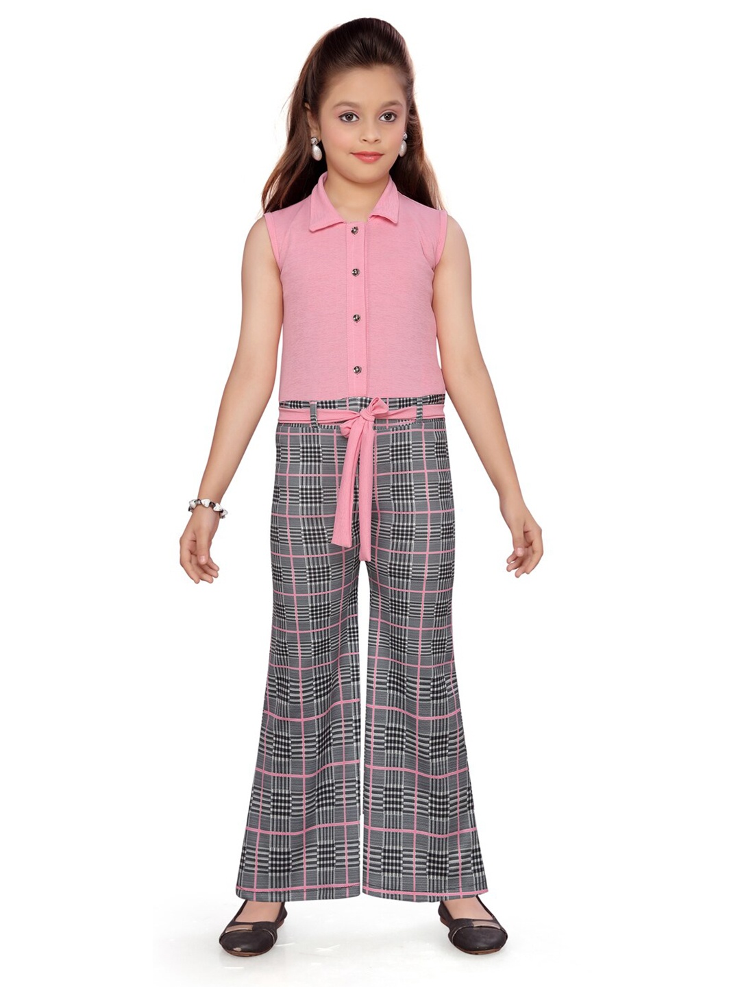 

Aarika Girls Pink & Grey Checked Cotton Jumpsuit with Belt