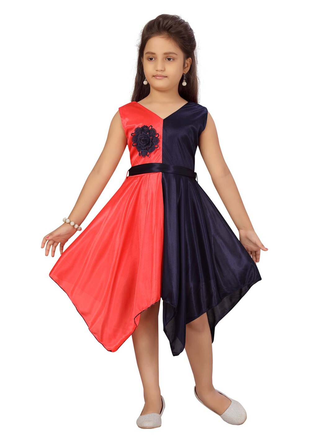 

Aarika Girls Red & Navy Blue Colourblocked Dress