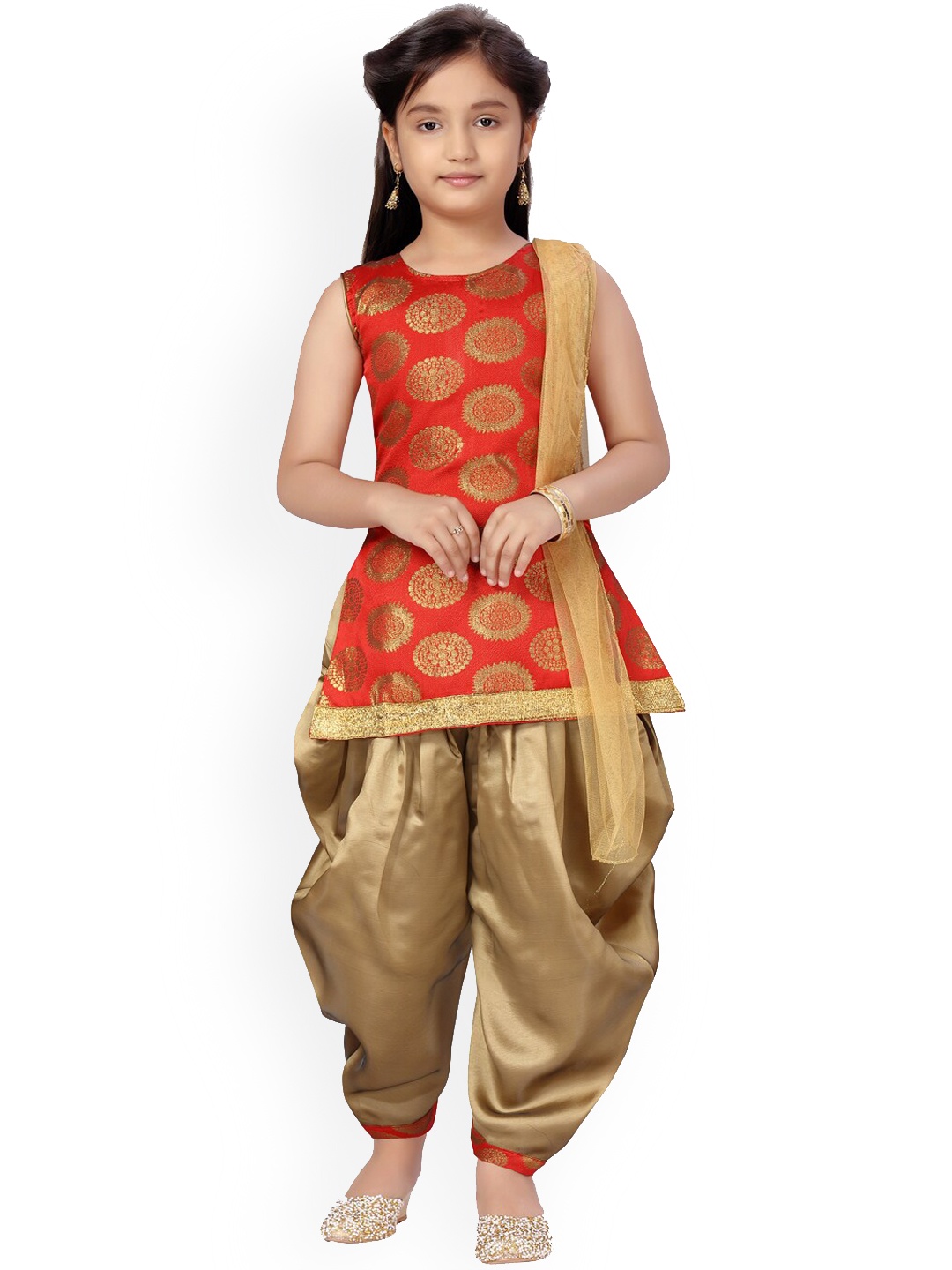 

Aarika Girls Red Ethnic Motifs Printed Pure Silk Kurti with Patiala & Dupatta