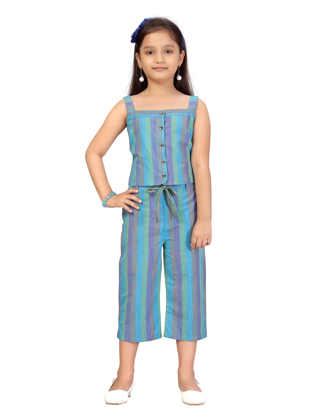 

Aarika Girls Blue Striped Pure Cotton Top with Trousers