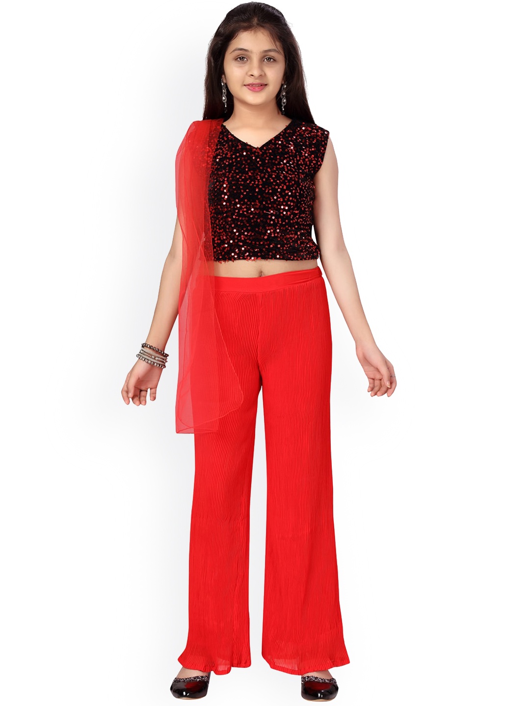 

Aarika Girls Red Floral Printed Pure Silk Top with Salwar & Dupatta