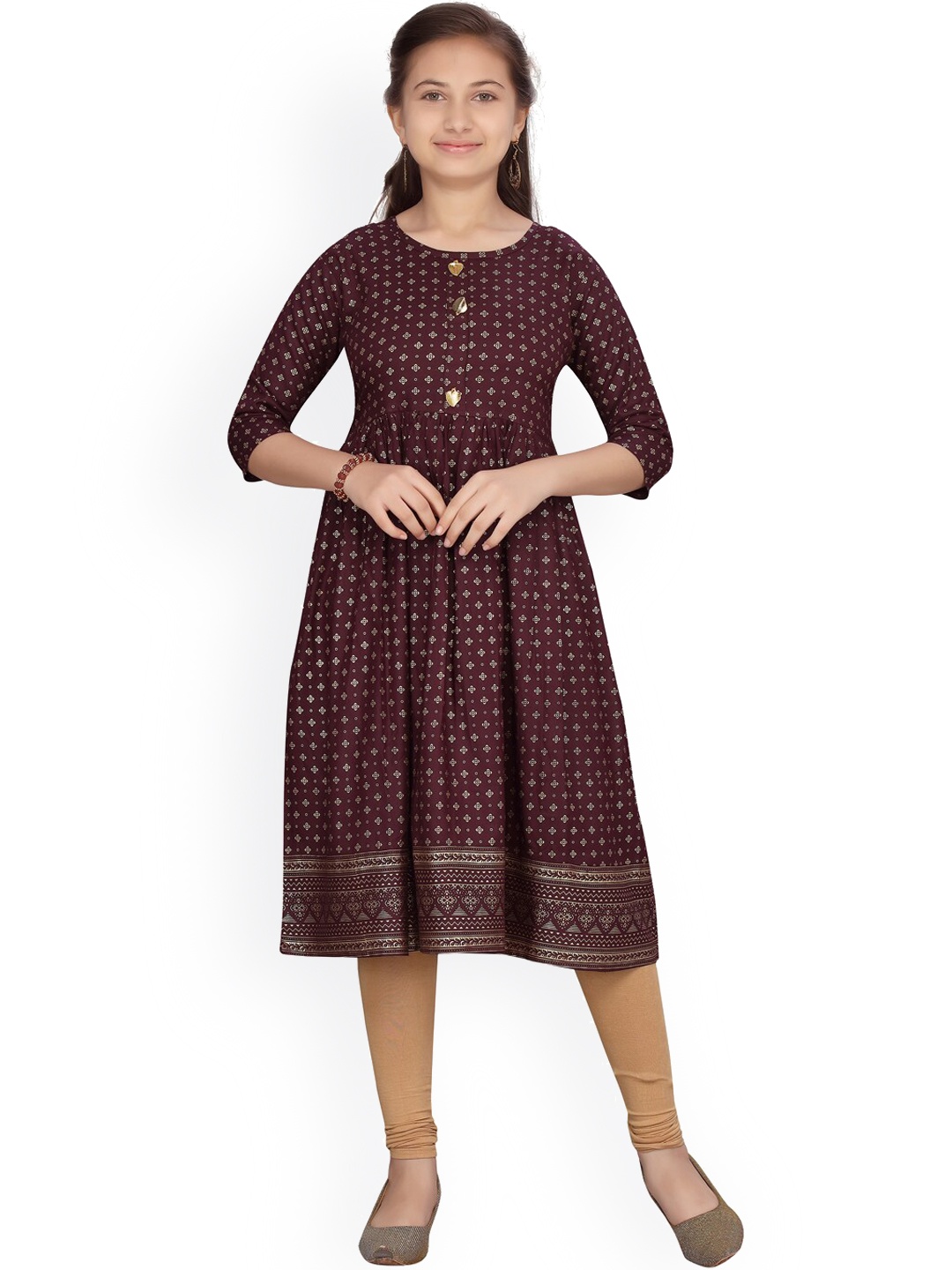 

Aarika Girls Wine-Coloured Printed Empire Pure Cotton Kurta With Leggings, Burgundy